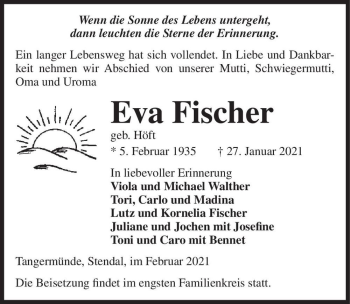 Traueranzeige von Eva Fischer (geb. Höft)  von Magdeburger Volksstimme