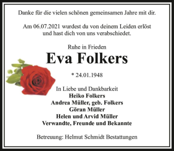 Traueranzeige von Eva Folkers  von Magdeburger Volksstimme