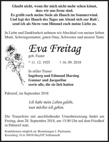 Traueranzeige von Eva Freitag (geb. Faster)  von Magdeburger Volksstimme