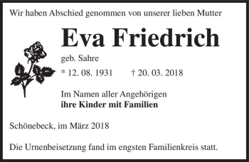 Traueranzeige von Eva Friedrich (geb. Sahre)  von Magdeburger Volksstimme
