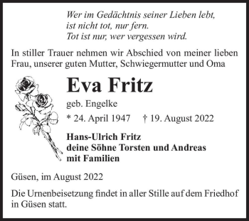 Traueranzeige von Eva Fritz (geb. Engelke)  von Magdeburger Volksstimme