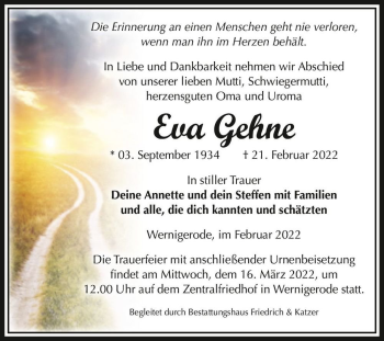 Traueranzeige von Eva Gehne  von Magdeburger Volksstimme