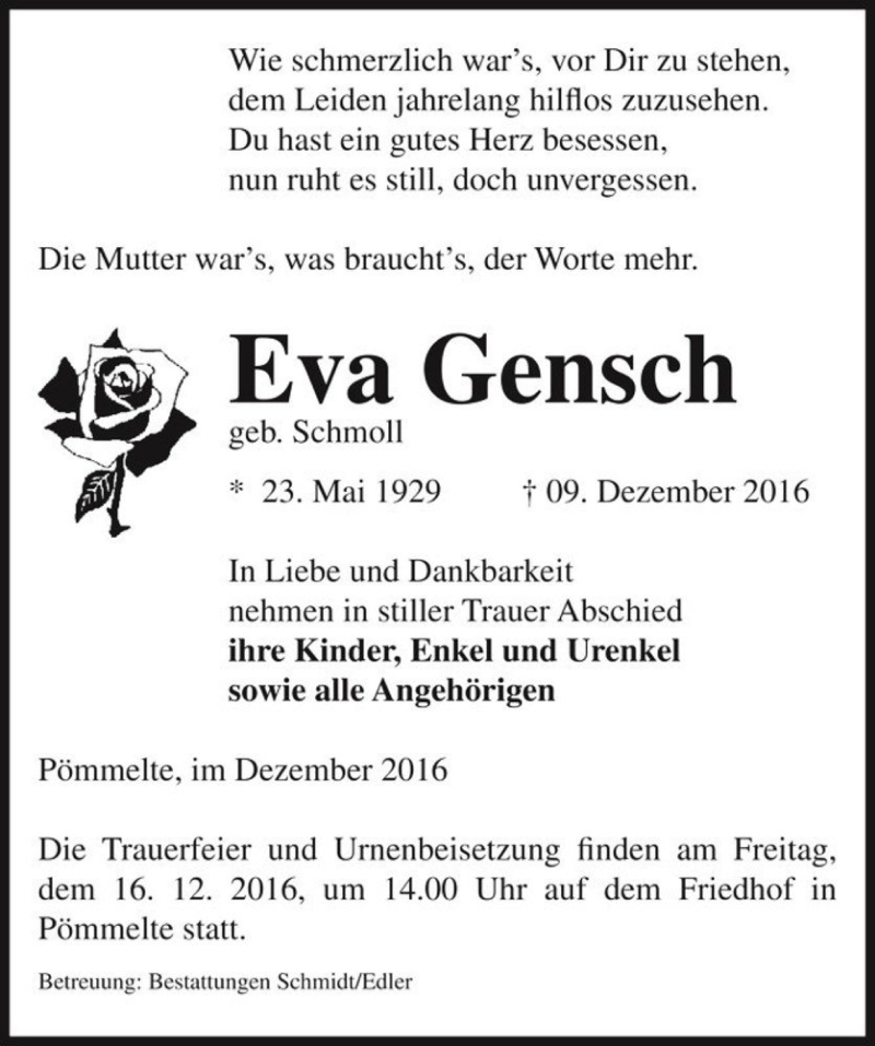  Traueranzeige für Eva Gensch (geb. Schmoll)  vom 14.12.2016 aus Magdeburger Volksstimme