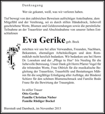 Traueranzeige von Eva Gerike (geb. Bock)  von Magdeburger Volksstimme