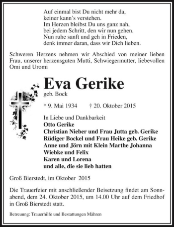 Traueranzeige von Eva Gerike (geb. Bock)  von Magdeburger Volksstimme