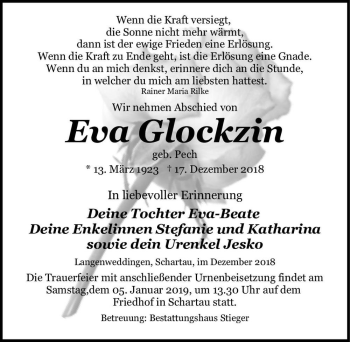 Traueranzeige von Eva Glockzin (geb. Pech)  von Magdeburger Volksstimme
