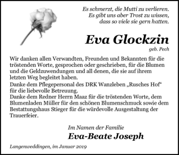 Traueranzeige von Eva Glockzin (geb. Pech)  von Magdeburger Volksstimme