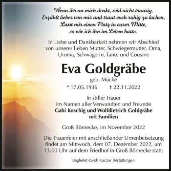 Traueranzeige von Eva Goldgräbe (geb. Mücke)  von Magdeburger Volksstimme