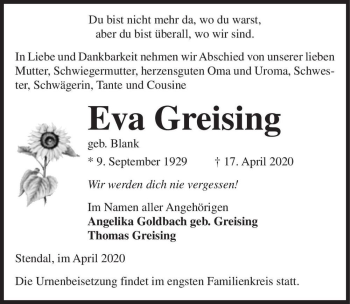 Traueranzeige von Eva Greising (geb. Blank)  von Magdeburger Volksstimme