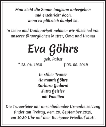 Traueranzeige von Eva Göhrs (geb. Pabst)  von Magdeburger Volksstimme
