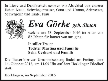 Traueranzeige von Eva Görke (geb. Simon)  von Magdeburger Volksstimme