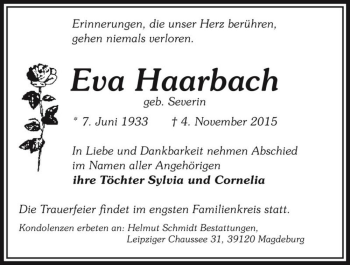 Traueranzeige von Eva Haarbach (geb. Severin)  von Magdeburger Volksstimme