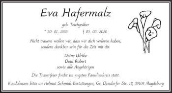 Traueranzeige von Eva Hafermalz (geb. Teichgräber)  von Magdeburger Volksstimme