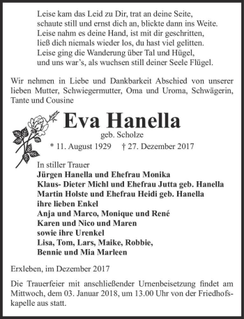 Traueranzeige von Eva Hanella (geb. Scholze)  von Magdeburger Volksstimme