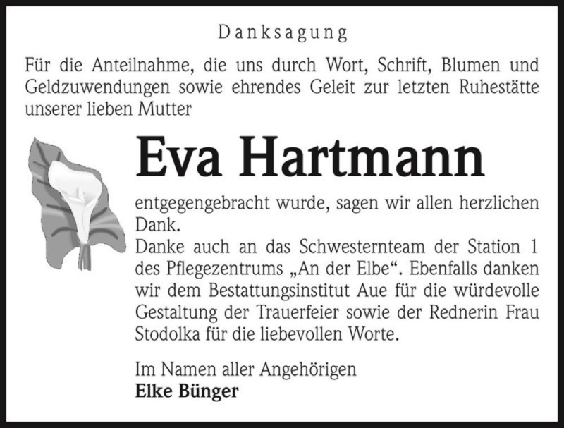  Traueranzeige für Eva Hartmann  vom 21.01.2017 aus Magdeburger Volksstimme