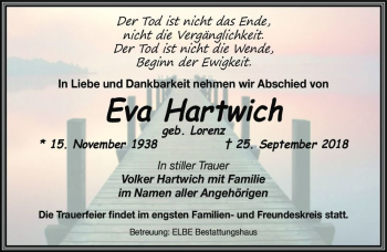 Traueranzeige von Eva Hartwich (geb. Lorenz)  von Magdeburger Volksstimme