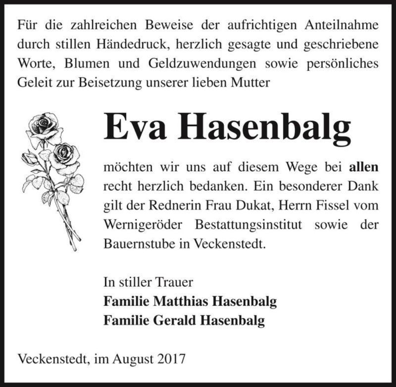  Traueranzeige für Eva Hasenbalg  vom 02.08.2017 aus Magdeburger Volksstimme