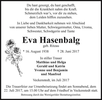Traueranzeige von Eva Hasenbalg (geb. Ritzau)  von Magdeburger Volksstimme