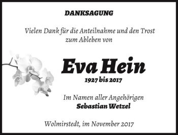 Traueranzeige von Eva Hein  von Magdeburger Volksstimme