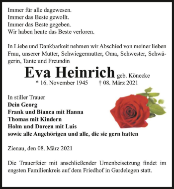 Traueranzeige von Eva Heinrich (geb. Könecke)  von Magdeburger Volksstimme