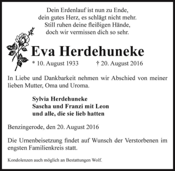 Traueranzeige von Eva Herdehuneke  von Magdeburger Volksstimme