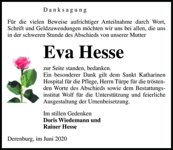 Traueranzeige von Eva Hesse  von Magdeburger Volksstimme