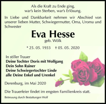 Traueranzeige von Eva Hesse (geb. Wölk)  von Magdeburger Volksstimme
