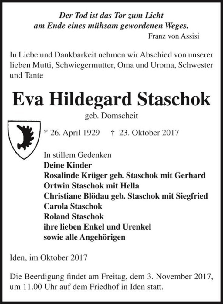  Traueranzeige für Eva Hildegard Staschok (geb. Domscheit)  vom 26.10.2017 aus Magdeburger Volksstimme