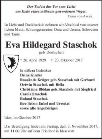 Traueranzeige von Eva Hildegard Staschok (geb. Domscheit)  von Magdeburger Volksstimme