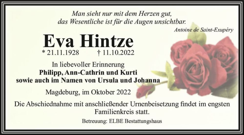  Traueranzeige für Eva Hintze  vom 22.10.2022 aus Magdeburger Volksstimme
