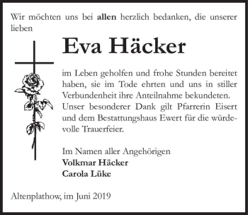 Traueranzeige von Eva Häcker  von Magdeburger Volksstimme