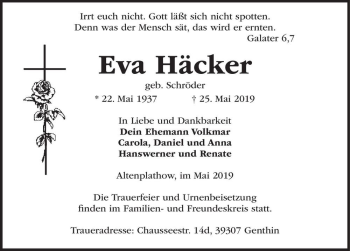 Traueranzeige von Eva Häcker (geb. Schröder)  von Magdeburger Volksstimme