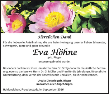 Traueranzeige von Eva Höhne (geb. Rieger)  von Magdeburger Volksstimme