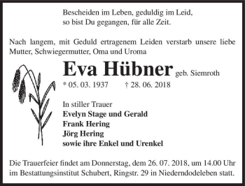 Traueranzeige von Eva Hübner (geb. Siemroth)  von Magdeburger Volksstimme