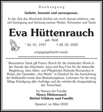 Traueranzeige von Eva Hüttenrauch (geb. Reiß)  von Magdeburger Volksstimme