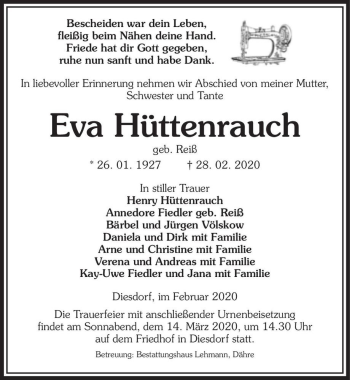 Traueranzeige von Eva Hüttenrauch (geb. Reiß)  von Magdeburger Volksstimme
