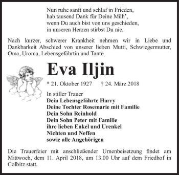 Traueranzeige von Eva Iljin  von Magdeburger Volksstimme