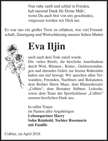Traueranzeige von Eva Iljin  von Magdeburger Volksstimme