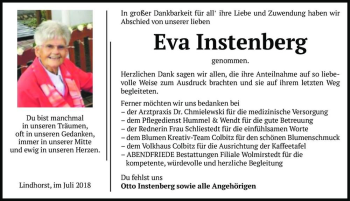 Traueranzeige von Eva Instenberg  von Magdeburger Volksstimme