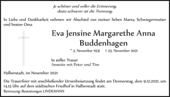 Traueranzeige von Eva Jensine Margarethe Anna Buddenhagen  von Magdeburger Volksstimme