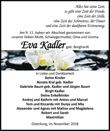 Traueranzeige von Eva Kadler (geb. Borghardt)  von Magdeburger Volksstimme