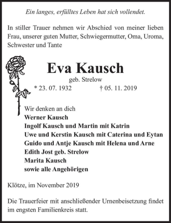 Traueranzeige von Eva Kausch (geb. Strelow)  von Magdeburger Volksstimme
