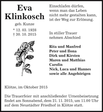 Traueranzeige von Eva Klinkosch (geb. Kunze)  von Magdeburger Volksstimme