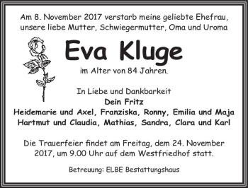 Traueranzeige von Eva Kluge  von Magdeburger Volksstimme
