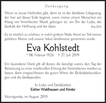 Traueranzeige von Eva Kohlstedt  von Magdeburger Volksstimme