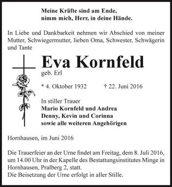 Traueranzeige von Eva Kornfeld (geb. Erl)  von Magdeburger Volksstimme