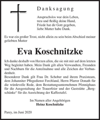 Traueranzeige von Eva Koschnitzke  von Magdeburger Volksstimme