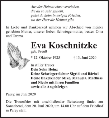 Traueranzeige von Eva Koschnitzke (geb. Preuß)  von Magdeburger Volksstimme