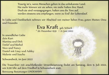 Traueranzeige von Eva Kraft (geb. Schieck)  von Magdeburger Volksstimme