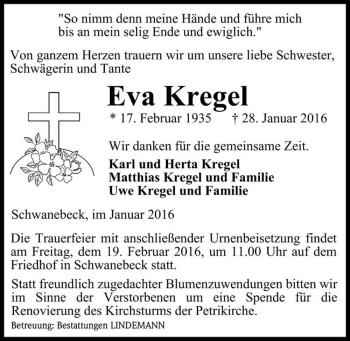 Traueranzeige von Eva Kregel  von Magdeburger Volksstimme